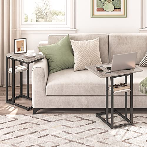 HOOBRO C-Shaped Side Table for Living Room, C Shaped Sofa End Table with Storage Shelf, Slim Couch Snack Table for Small Spaces, Foldable Tabletop, Easy Assembly, Greige and Black EBG29SF01