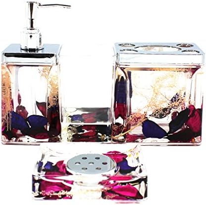 EUMAT Nature Series Bathroom Organizer Set Acrylic 4 PCS Bathroom Washing Accessory Set With Red Color Dry Flower NB4-008