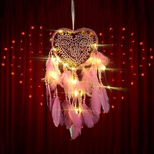 KINJOHI Creative Hollow Out Led Heart-Shaped Dream Catcher Warm White Light Home Ornament Wedding Decoration (Pink)