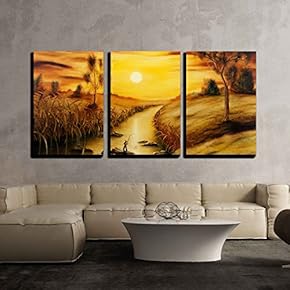 3 Piece Canvas Wall Art - Oil Painting of a Small Fisherman - Modern Home Art Stretched and Framed Ready to Hang - 16"x24"x3 Panels