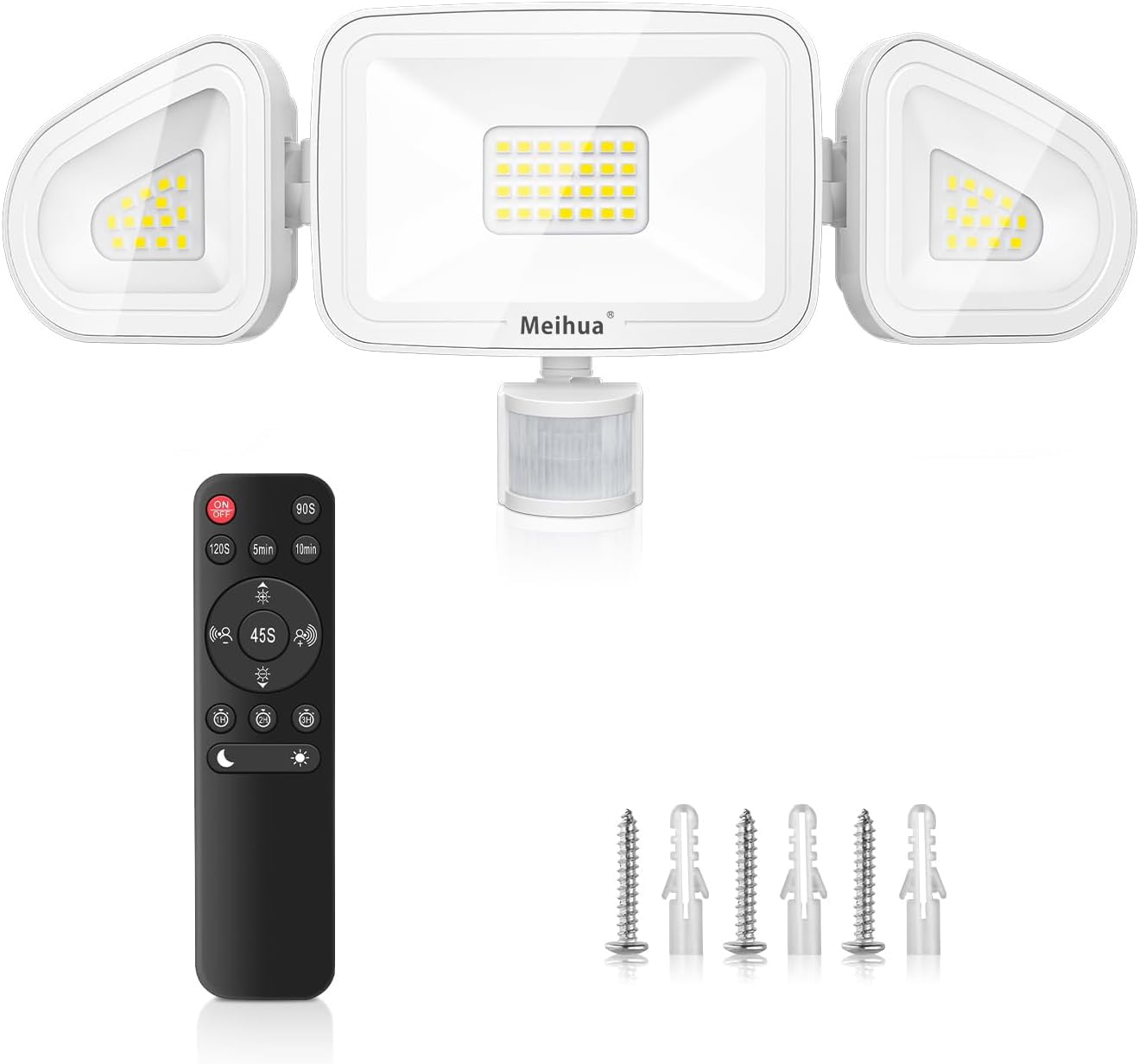 MEIHUA 42W Security Lights Outdoor Motion Sensor with Remote Control, 3600LM PIR Security Light, IP66 6500K Motion Sensor Lights Outdoor with 3 Adjustable Heads for Garden, Yard, Patio, Porch, Garage