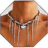 Ursumy Chunky Heart Necklace Rhinestone Star Necklaces Crystal Y2k Choker Heart Pear Tassel Necklace Trendy Statement Necklaces Jewelry for Women