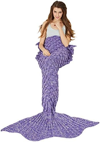 Y-stop Mermaid Tail Blanket with Scale Knit Crochet for adult Kids Girls, Super Warm Soft All Seasons Sleeping Blankets 6 Styles (Length-71", Mermaid Scale-Purple)