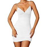 LCNBA Women's Sexy Spaghetti Strap V-Neck Mesh Ruched Bodycon Mini Club Dresses