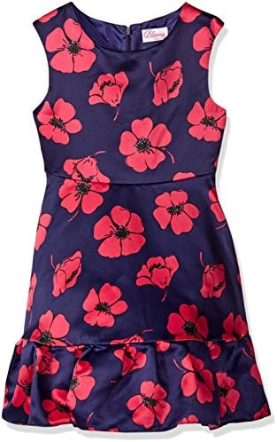 Sweet Heart Rose Little Girls' Navy with Fuschia Floral Printed Satin Occasion Dress, Fuchsia/Navy, 6