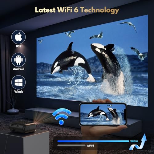 2026Mini Projector 4K Compatible with Netflix App, Lower Noise 1080p Daylight Compatible Projector & HDR, Premium Speaker, WiFi 6, BT5.2, Home Cinema Projector for Bedroom, Garden, Black