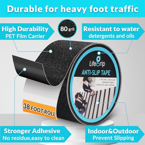Lifegrip Anti Slip Traction Tape, 4 Inch x 38 Foot - Best Grip, Friction, Abrasive Adhesive for Stairs, Tread Step, Indoor, Outdoor (4" X 38')