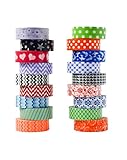 Washi Tape set 18 rolls by Tanpopo Art -Classic Collection | Geometric Patterned Tapes in Vibrant Bright Colors