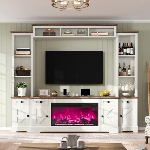 Jocisland 98in Farmhouse Entertainment Center with 36" Fireplace, TV Stand, Bookshelves, Wine Cabinet, Fits 75" TVs, Large Wall Unit Media Console with Power Outlets & Barn Doors, Living Room, White