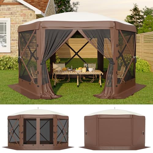 11.5x11.5 ft Pop Up Gazebo Screen Tent with 6 Wind Panels - Instant Setup Outdoor Canopy for Backyard and Garden,Khaki