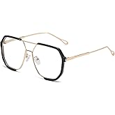 LJCZKA Pilot Blue Light Blocking Glasses Women Men 70s Square Metal Frame Oversized Double Bridge Computer Gaming Eyeglasses