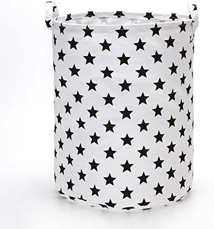 VuHom 19.7" Large Laundry Hamper (Available 17.7" and 13.7"), Drawstring Waterproof Round Cotton Linen Collapsible Storage Basket Star Deisgn (White)