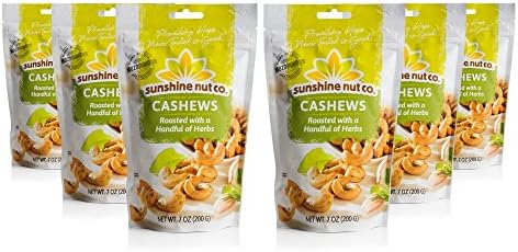 Sunshine Nut Co. Whole Roasted Lightly Salted Cashews, Handful of Herbs Flavor, 6 Pack, 7 oz. Each, Gluten Free, Peanut Free and Vegan Individual Snack Packs for Kids and Adults, GMO Free