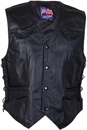 Mens 201B Black Braided Side Lace Leather Vest - Small