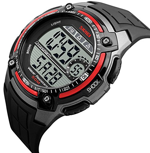 Fanmis Multifunction Alarm LED Digital Military Waterproof Sports Men Watches Black Pu Strap Red