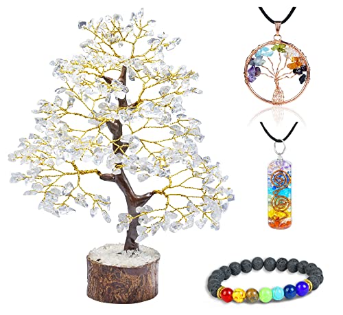 Clear Quartz Crystal Tree of Life with Bracelet & 2 Pendants Feng Shui Gem Tree Decor Healing Crystals Spiritual Gifts for Cute Home Room & Desk Decor, Gifts for Women, Girlfriend, Her & Sister