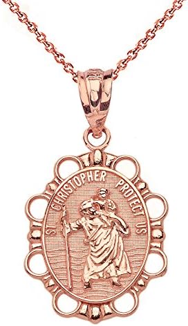 Solid 14k Rose Gold St Christopher Medal Catholic Charm Traveler Protection Necklace