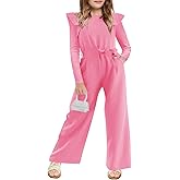 Haloumoning Girls Jumpsuit Kids Fashion Ruffle Long Sleeve Belted Wide Leg Romper One Piece Fall Outfits 5-14 Years