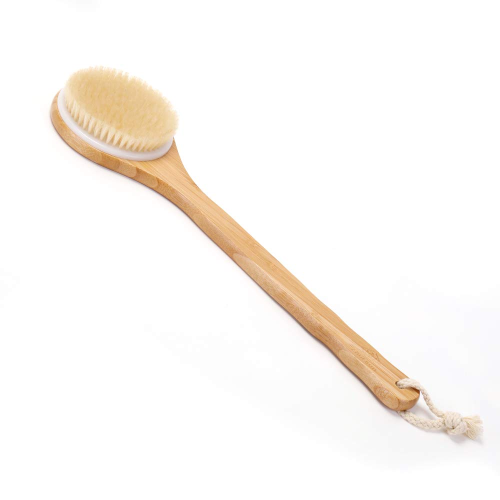 Zhurson Dry Bath Body Brush Back Scrubber Shower Bath Brush with Long Wooden Handle, 100% Natural Bristles, Exfoliating, Stimulate Blood Circulation, Improve Lymphatic System, Accelerate Metabolism