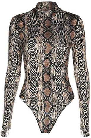 Sorrica Womens Sexy Long Sleeve Snake Skin Print Bodysuit Jumpsuit Mock Neck Stretchy Leotard Tops Clubwear