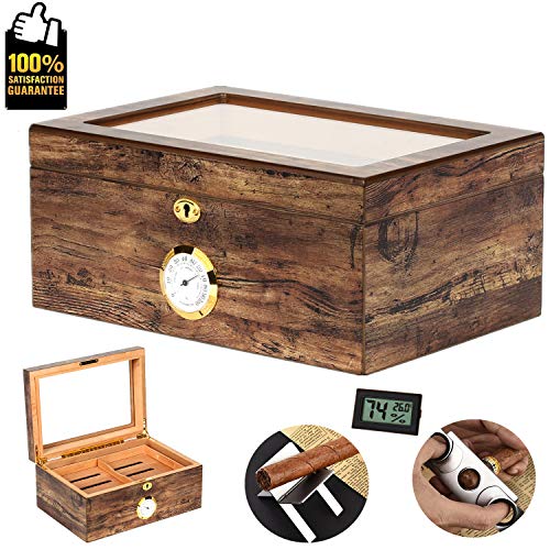 COMMODA Desktop Cigar Humidor Tempered Glasstop with Front Mounted Hygrometer and Humidifier, Cedar Lined Storage Box Spanish Cedar Tray with Divider, Holds 100 Cigars Cigar Free Cutter and Rack