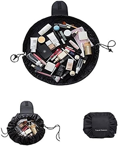 Drawstring Cosmetic Bag Travel Lazy Makeup Storage Bag Toiletry Bags Portable&amp;Waterproof Quick Pack Large Cosmetic Bag Dual Magic Bags with Zipper&amp;Drawstrings (Black Logo)