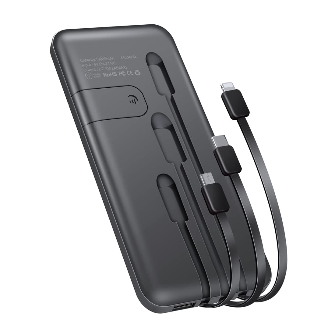 モバイルバッテリー 10000mAh 新版 大容量 3ケーブル内蔵 軽量 薄型 急速充電 スマホ充電器 携帯バッテリー 持ち運び便利 4台同時充電でき 残量表示 スタンド機能搭載 防災グッズ PSE認証済商品画像