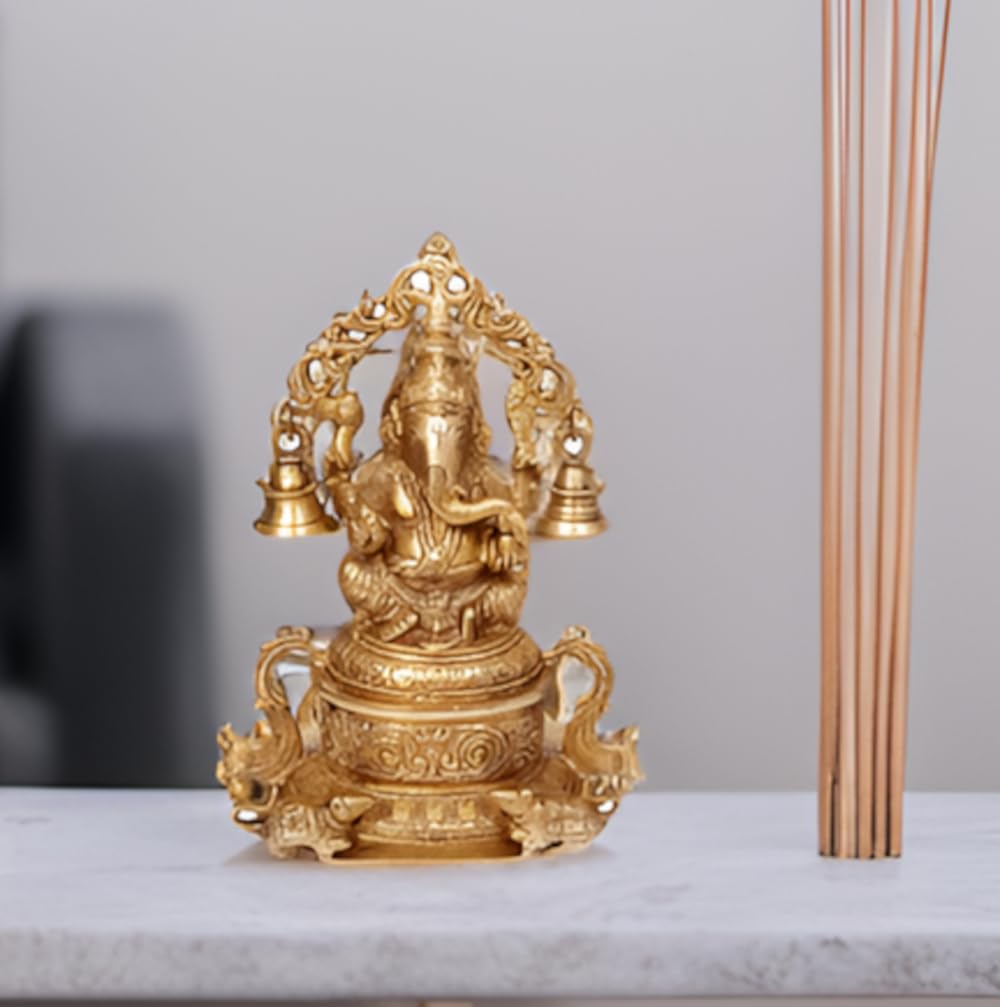 Purpledip Majestic Brass Idol Siddhi Vinayak Ganesha with Mice and Hanging Bells : Rare Collectible Sculpture with Intricate Carving (12277)