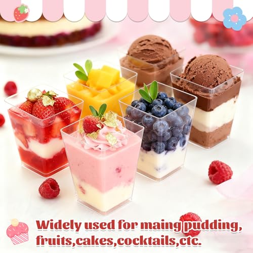 Hsxfl Pack of 50 Plastic Dessert Glasses, 150 ml Dessert Cups Plastic with Spoons, Clear Dessert Bowls, Reusable, Square Dessert Cups, Trapezoid Cups for Desserts, Pudding, Family Desserts