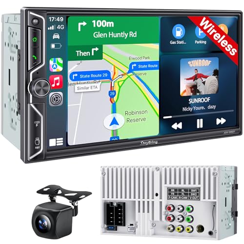 QLED Double Din Car Stereo with Wireless Apple CarPlay & Android Auto, 4.2-Ch Audio 2 Subwoofer Outputs, Backup Camera, Bluetooth, MirrorLink, 7