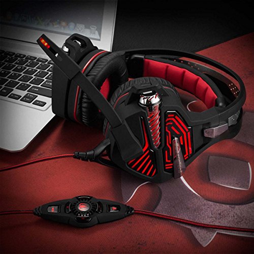 Mengshen USB Gaming Headset - with 7.1 Surround Stereo Sound, Microphone, Vibration Effect, Noise Isolation, Volume Control, LED Light - Designed for PC Gamers, GM9 Red