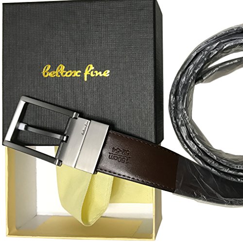 Beltox Fine Men's Dress Belt Leather Reversible 1.25" Wide Rotated Buckle Gift Box (Black/Brown,46-48) ...