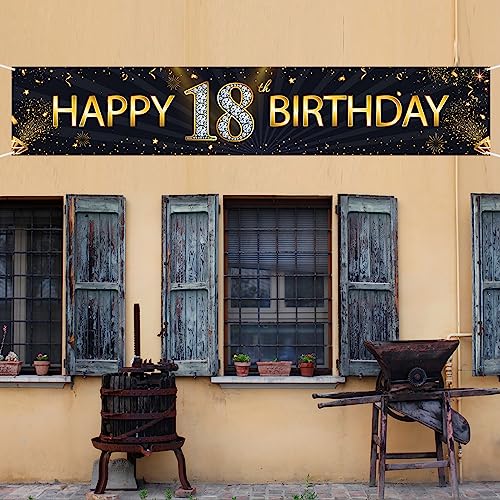 Mokonate Happy 18th Birthday Banner Black Gold Happy Birthday Sign Banner Backdrop Happy Birthday Yard Sign for Kids 18 Years Old Party Decorations Supplies