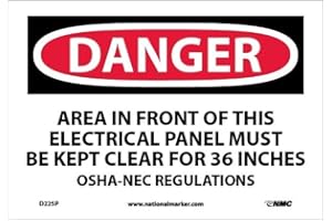 NMC D225P OSHA Sign, "DANGER AREA IN FRONT OF THIS ELECTRICAL PANEL MUST KEPT CLEAR FOR 36 INCHES OSHA-NEC REGULATIONS", 10" Width x 7" Height, Pressure Sensitive Vinyl, Black/Red On White
