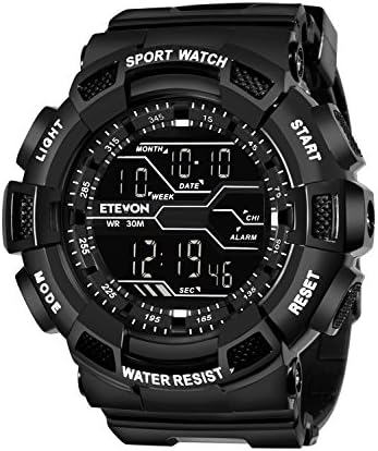 ETEVON Men’s Sport Digital Watch Military LED Backlight Waterproof Electronic with Stopwatch Alarm Wrist Watches - Black