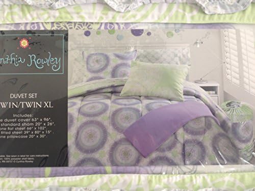 Cynthia Rowley Bedding 5PC Twin/Twin XL Duvet Cover &amp; Sheet Set Lavender Green &amp; Grey Medallions on White