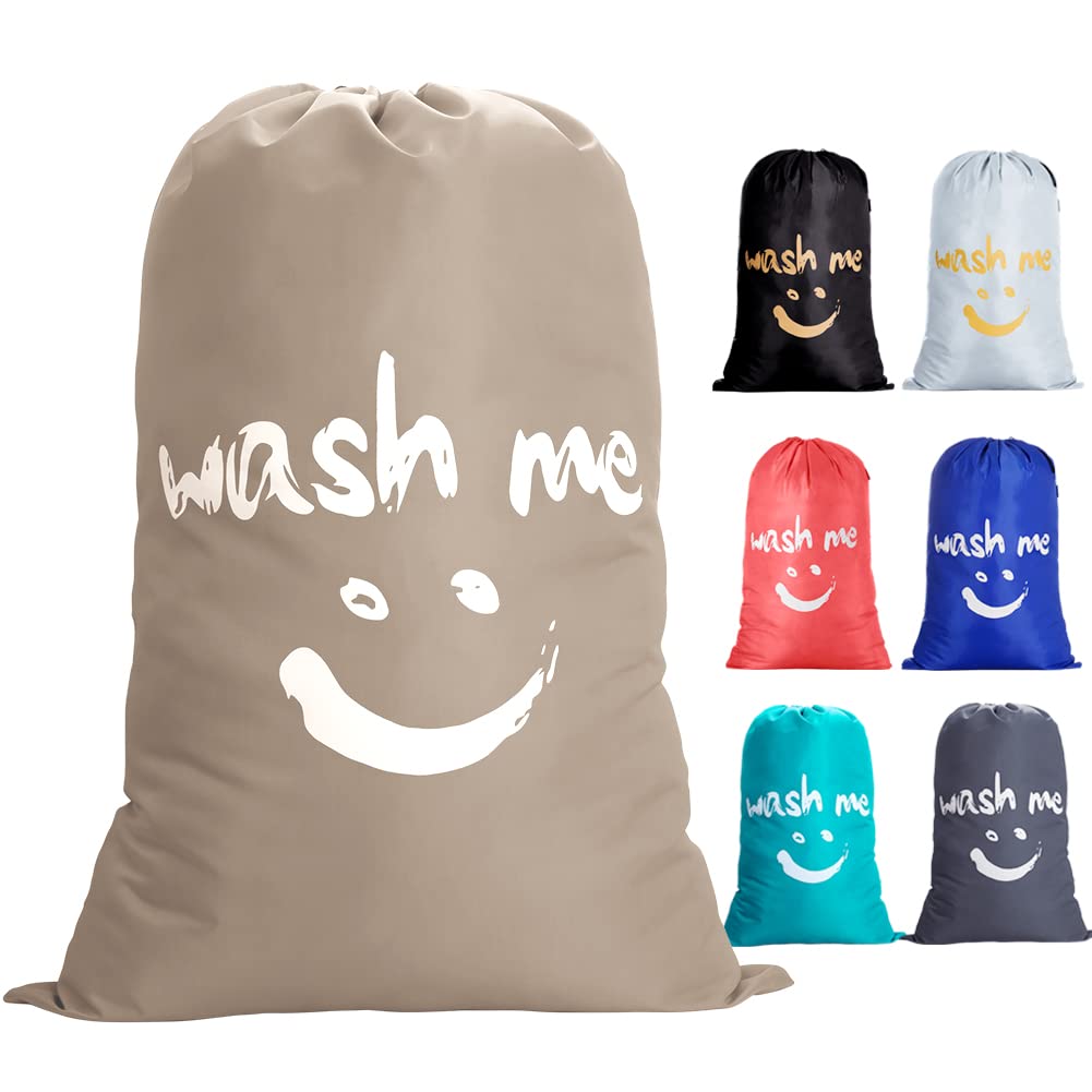 IHOMAGIC 120L Travel Laundry Bag, Drawstring Laundry Bag for Family, 420D Nylon Washing Bags with Smiley Pattern, Large Laundry Bags for Travelling, College, Khaki