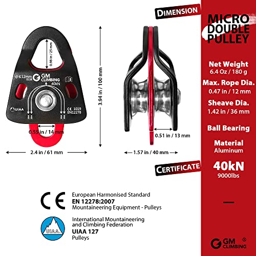 GM CLIMBING 40kN Micro Double Pulley Prusik Minding Ball Bearing UIAA
