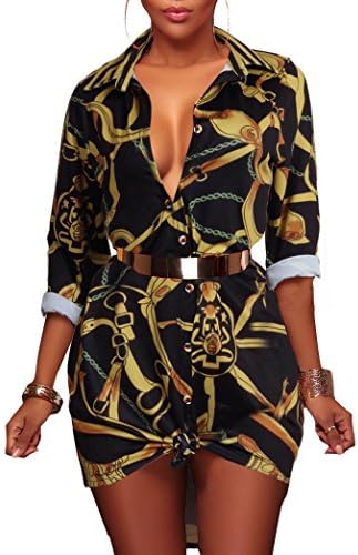 Hemkry Women Button Down Collar Dashiki Floral Long Shirt Blouse Mini Dress Top
