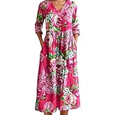 Akivide Women's Long Sleeve Boho Floral Prirted V Neck Tunic Dress Casual Loose Fall Tunic Maxi Dresses 2025 with Pockets