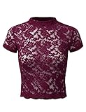 J.TOMSON Women's Mock Neck Floral Embroidery Sheer Lace Crop Top