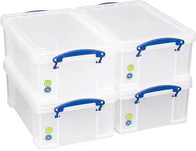 Really Useful Box 9 Litre Plastic Storage Box Clear Pack of 4 with Lid Clip