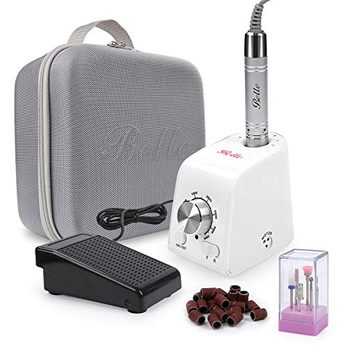 Belle Professional Vertical Electric Nail Drill, 35000 RPM Brushless Efile Manicure Pedicure Kit Drills with A Carrying Case for Acrylic Gel Nails, White