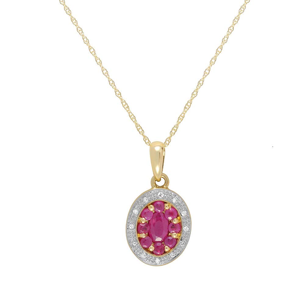 Ivy Gems 9ct Yellow Gold Ruby and Diamond Oval Cluster Pendant & Fine Gauge 18" / 46cm Chain