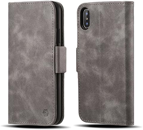 iPhone X Leather Wallet Case Flip Folio Protective Case Cover With 3 Credit Card Slots Cash Holder Retro Leather Double Magnetic Closure (Grey, iPhone X)