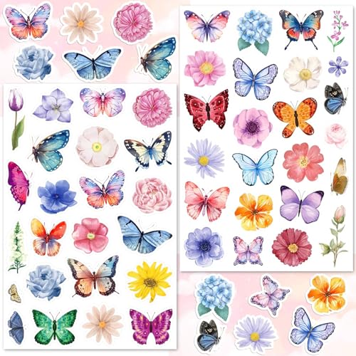 LINAYE 24 Sheets Butterfly Flower Stickers for Kids Adults, Spring Butterfly Flower Decorative Stickers Bulk for Crafts Envelops Scrapbooking, Butterfly Party Favors Supplies for Kids Classroom