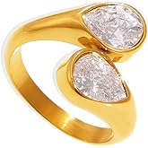 Kokoma Cubic Zirconia Waterdrop Wrap Finger Band for Women Double Crystal Teardrop Shape Adjustable Stacking Ring Open Statement Promsie Rings