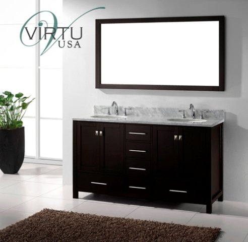 Click Here to See More Images Virtu USA GD-50060-WMRO-ES Caroline Avenue 60-Inch Bathroom Vanity with Double Round Sinks in Espresso and Italian Carrara Marble Top