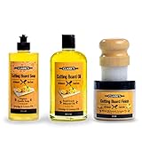 CLARK'S Complete Cutting Board Care Kit | Cutting Board Oil (16oz), Soap (12oz), Finish Wax (10oz) & Applicator | Orange & Lemon Scented