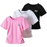 RoseSeek Girl's 3 Packs T Shirts Bowknot Graphic Tees Short Sleeve Crewneck Ruched Summer Tops